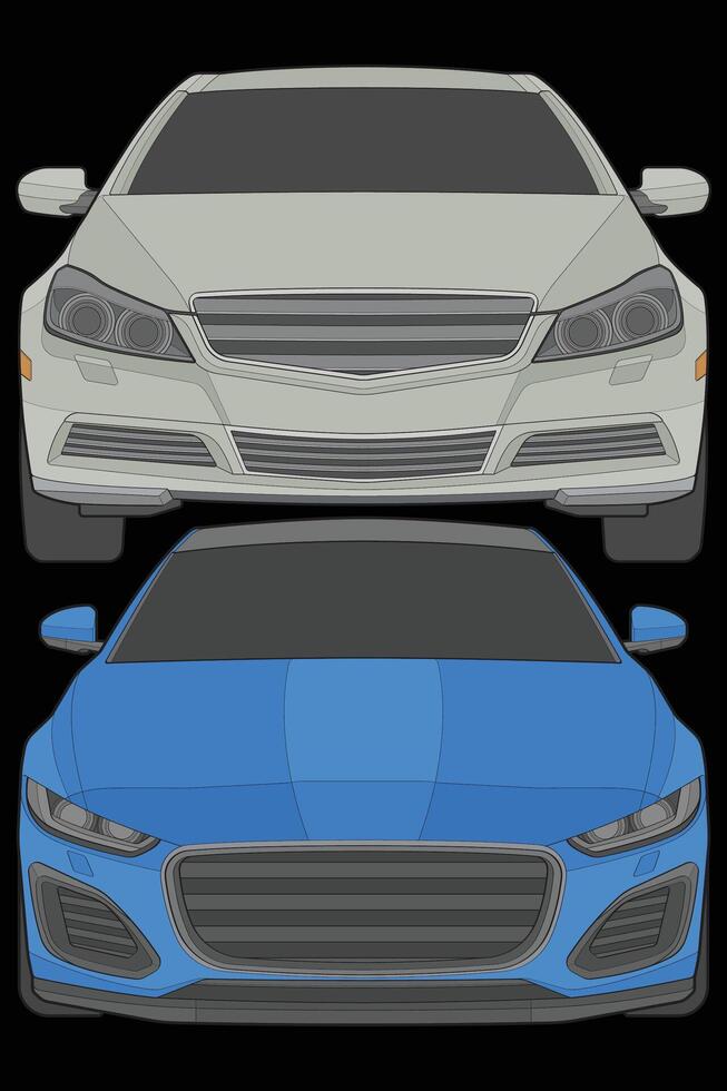 Set of front view Vector Illustration of Isolated highlight  color car on black background, Vehicle in a Flat Cartoon Style.