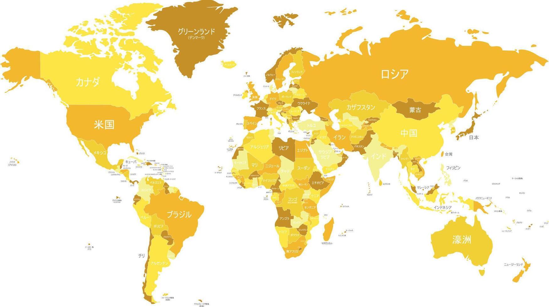 político mundo mapa vector ilustración con diferente tonos de amarillo para cada país y país nombres en japonés. editable y claramente etiquetado capas.