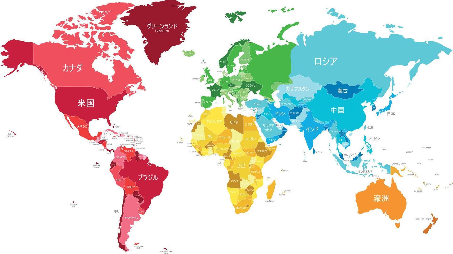 Political World Map vector illustration with different colors for each continent and different tones for each country, and country names in japanese. Editable and clearly labeled layers.
