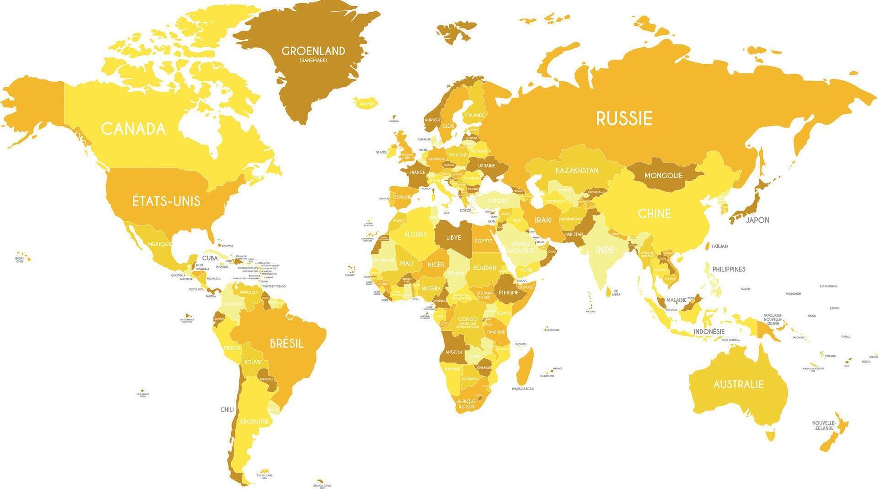 político mundo mapa vector ilustración con diferente tonos de amarillo para cada país y país nombres en francés. editable y claramente etiquetado capas.