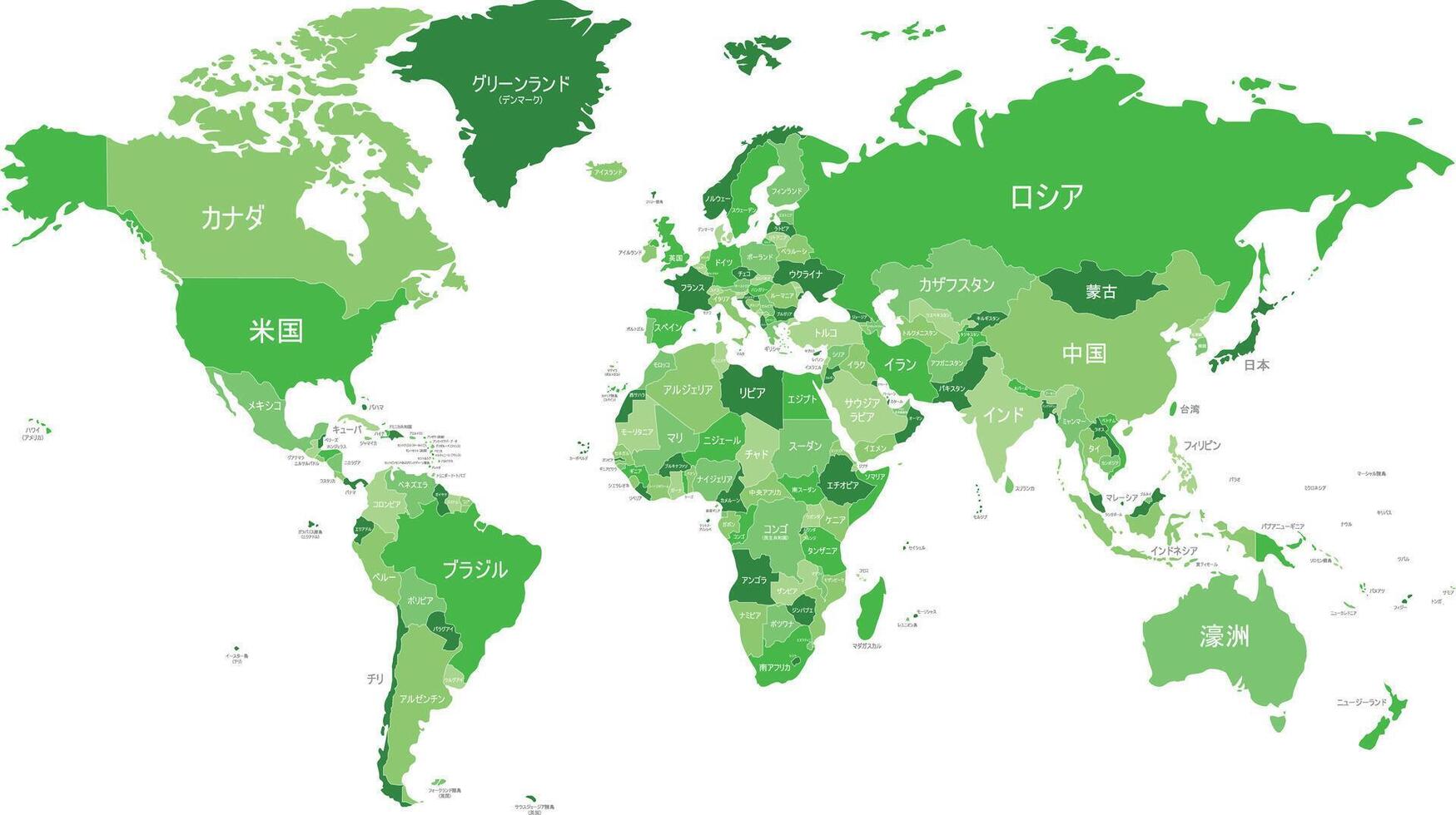 Political World Map vector illustration with different tones of green for each country and country names in japanese. Editable and clearly labeled layers.