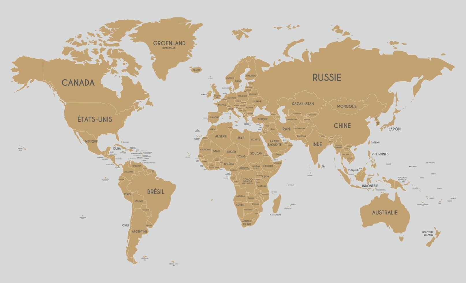 político mundo mapa vector ilustración con país nombres en francés. editable y claramente etiquetado capas.