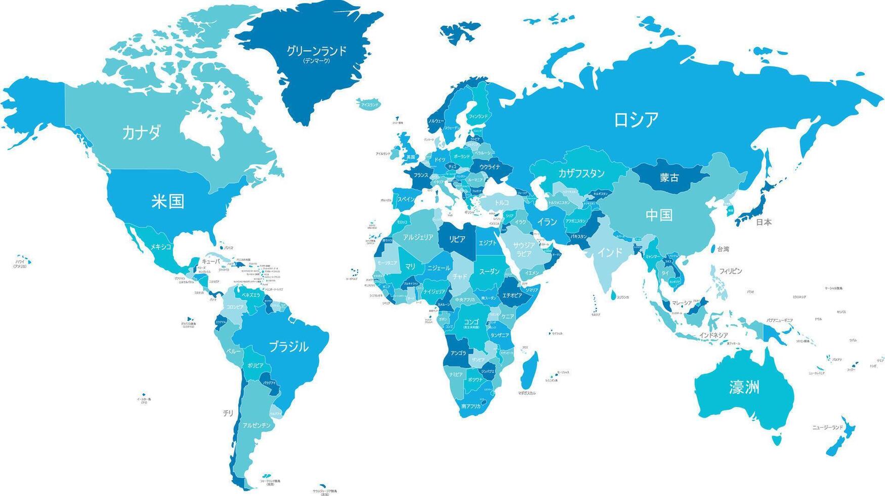 político mundo mapa vector ilustración con diferente tonos de azul para cada país y país nombres en japonés. editable y claramente etiquetado capas.