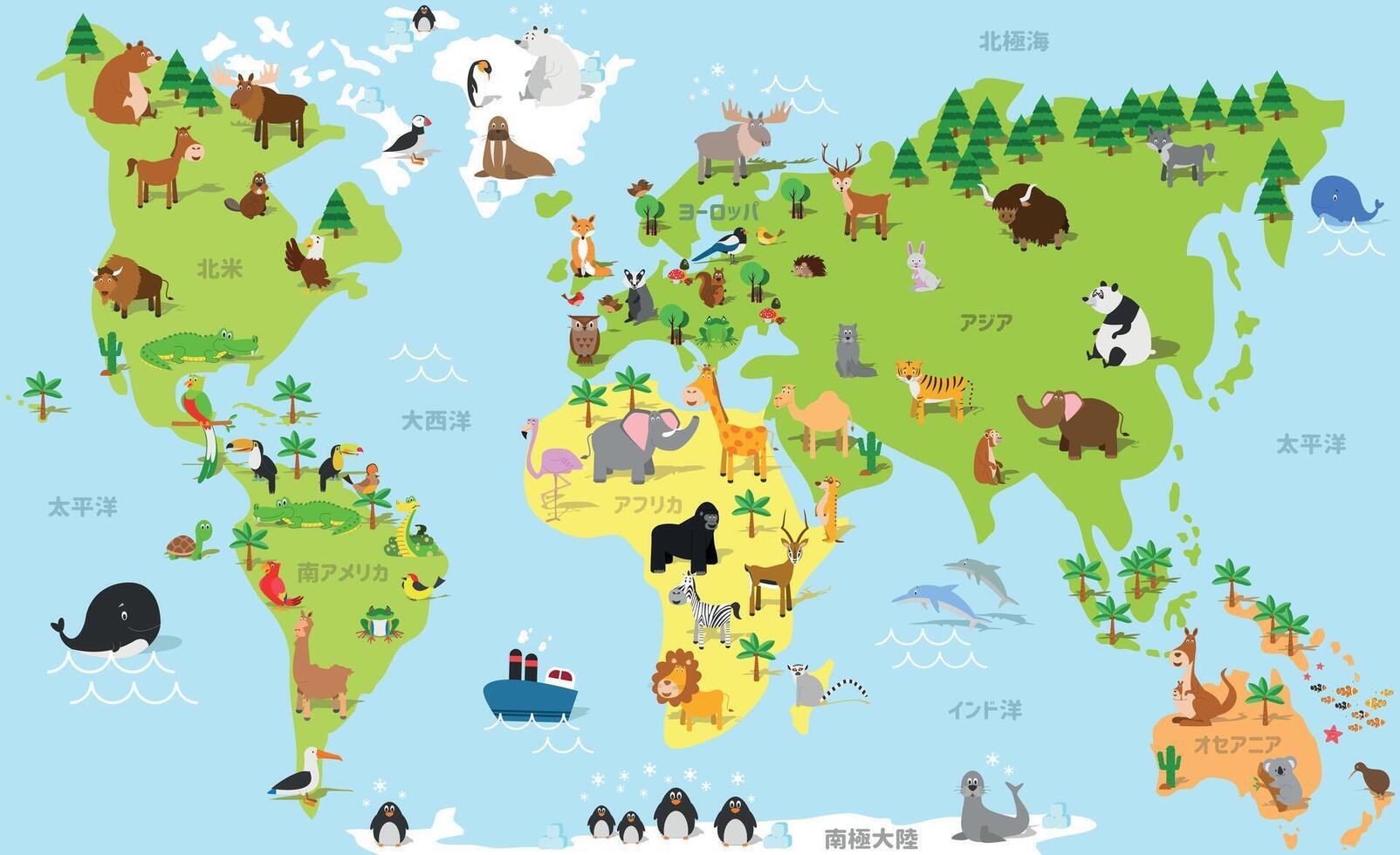 Funny cartoon world map in japanese with traditional animals of all the continents and oceans. Vector illustration for preschool education and kids design