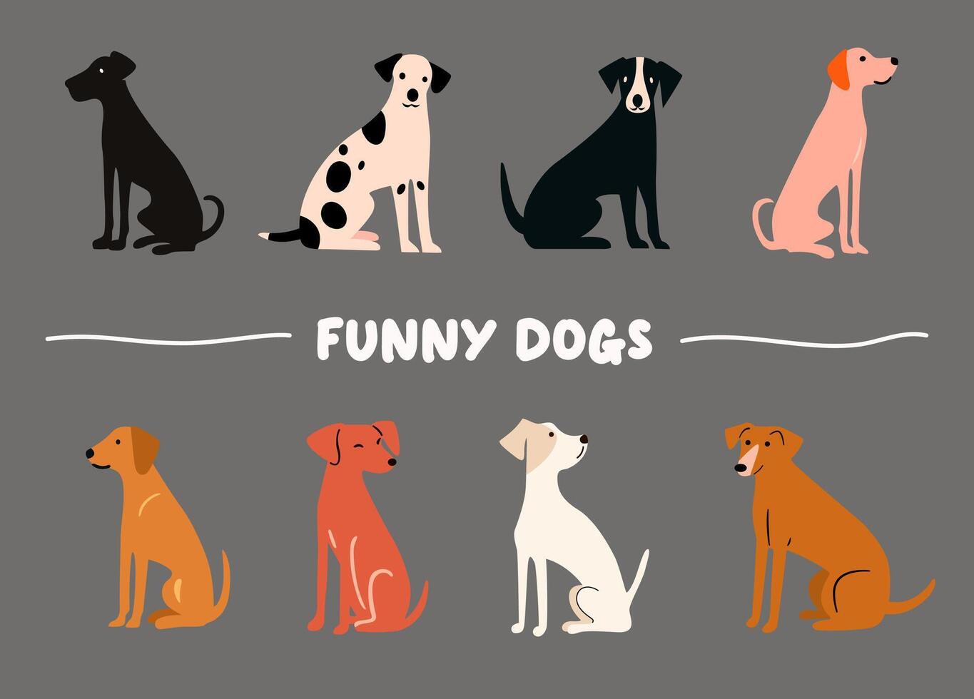 Funny sitting dogs flat illustrations set. Hand-drawn cartoon dogs of different breeds isolated on a transparent background vector