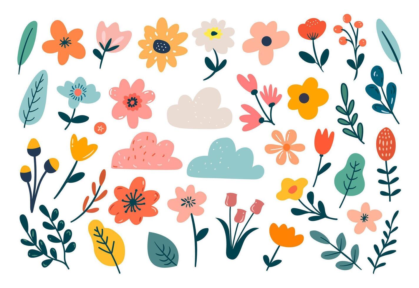 Flowers and leaves flat hand-drawn illustrations set. Multiple floral minimalistic design elements collection. Plant doodles vector