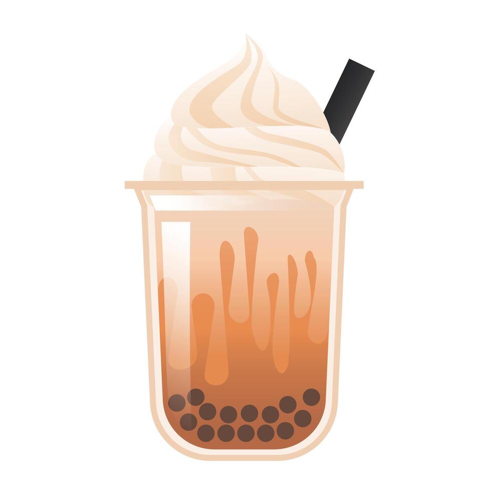 Boba tapioca bubble tea brown sugar ice cream vector design illustration in the medium transparent cup with big black straw asset free editable isolated