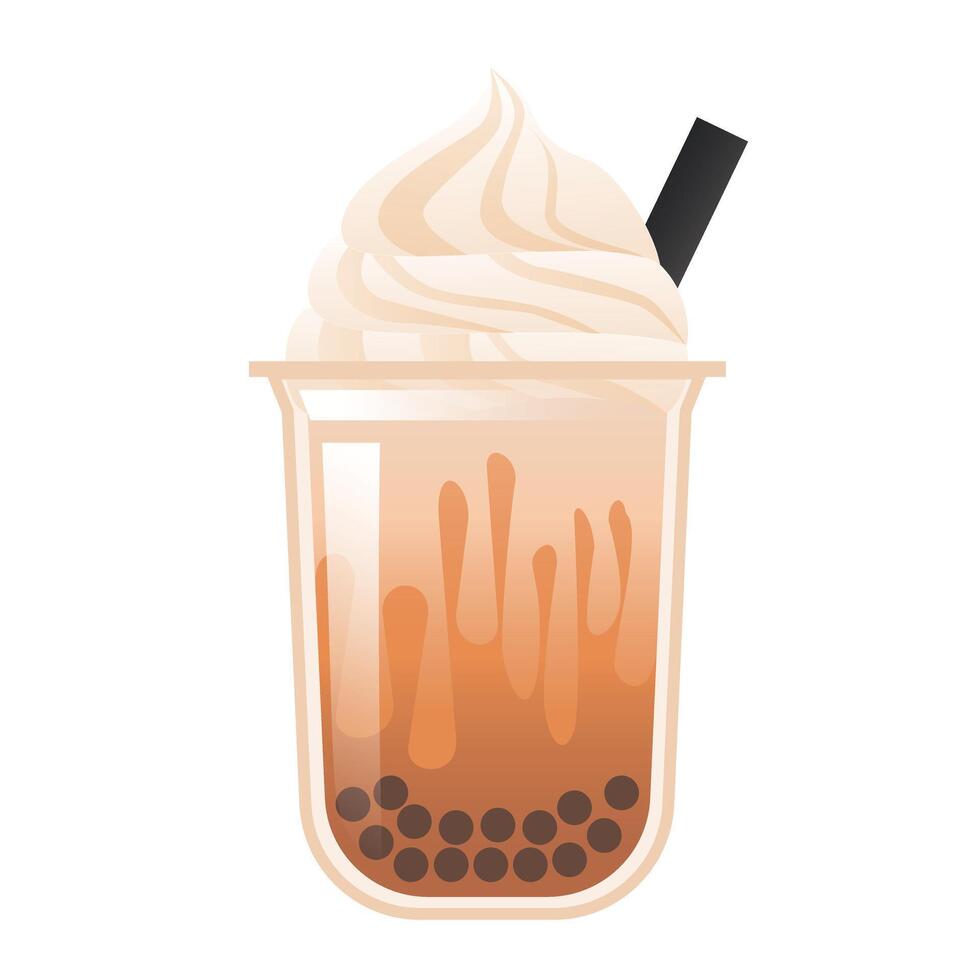 boba tapioca burbuja té marrón azúcar hielo crema vector diseño ilustración en el medio transparente taza con grande negro Paja activo gratis editable aislado