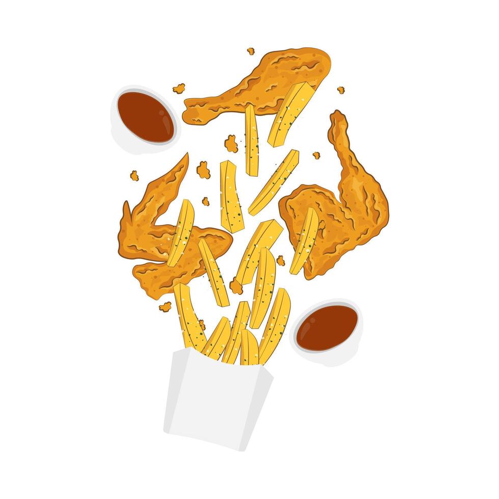 Crispy fried chicken and french fries levitation vector illustration logo