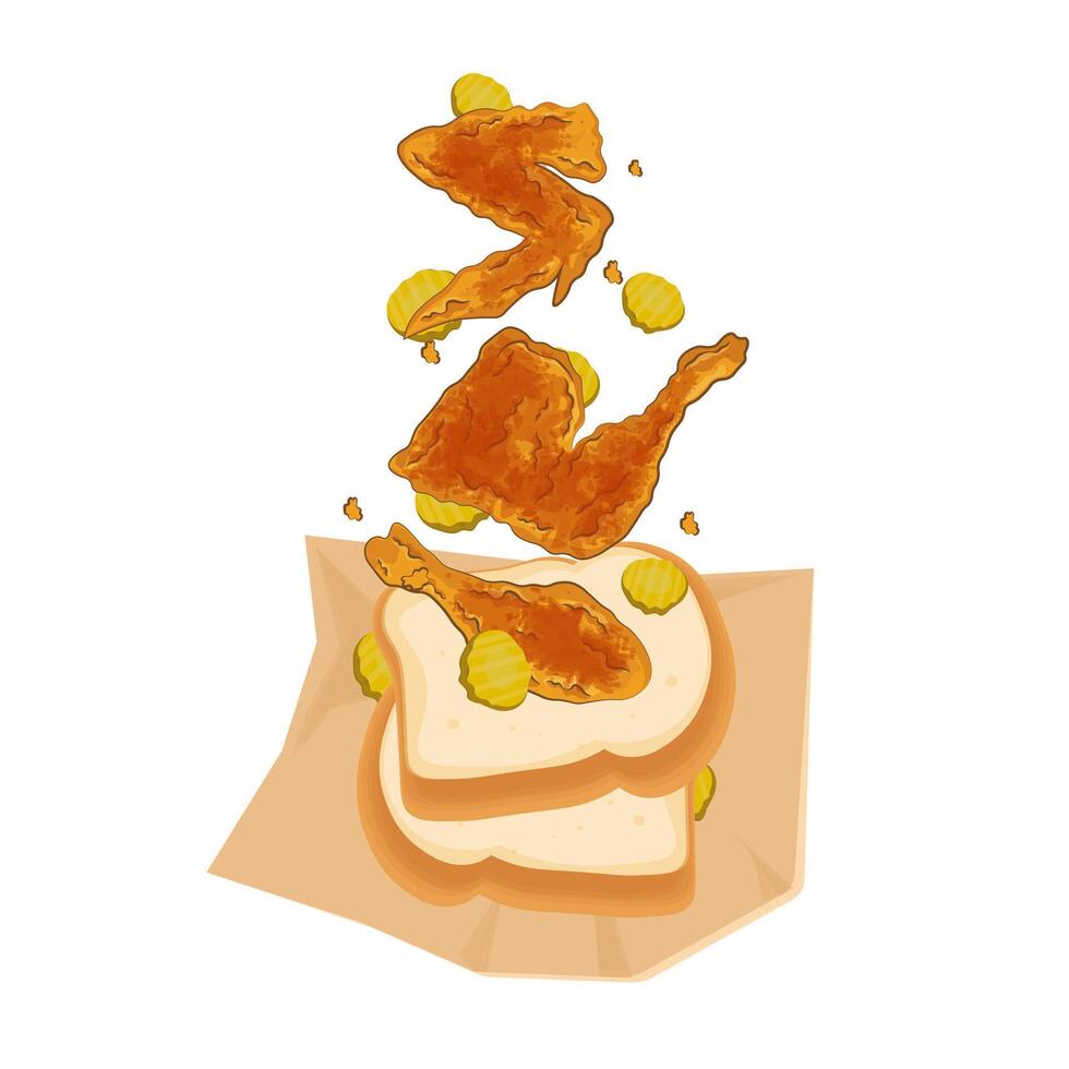 Vector illustration levitation Nashville Hot Chicken with Bread and Pickles