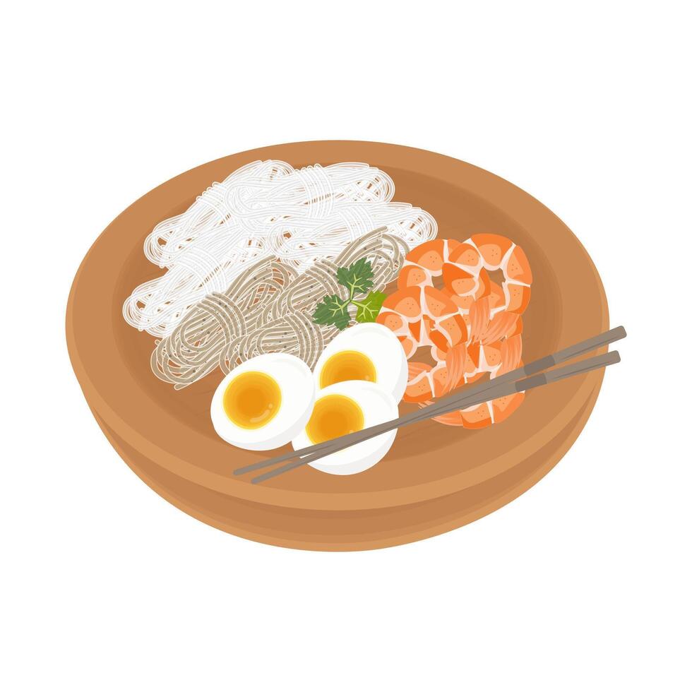 shirataki tallarines konjac con camarón y huevos vector ilustración logo