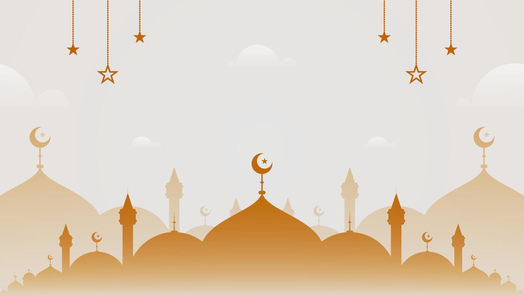 Flat And Simple Light Gold Blank Horizontal Vector Background With Islamic Scenery Of Domes And Mosque Shapes Silhouette And Hanging Stars Ornament