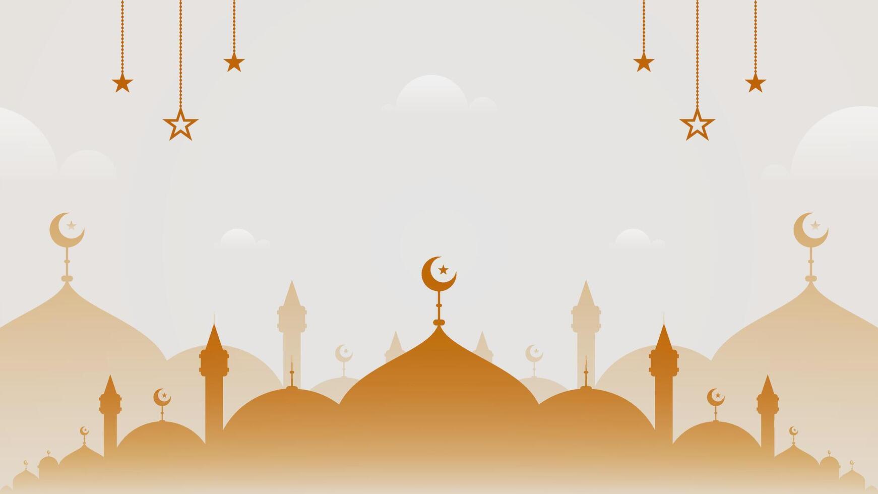 Flat And Simple Light Gold Blank Horizontal Vector Background With Islamic Scenery Of Domes And Mosque Shapes Silhouette And Hanging Stars Ornament