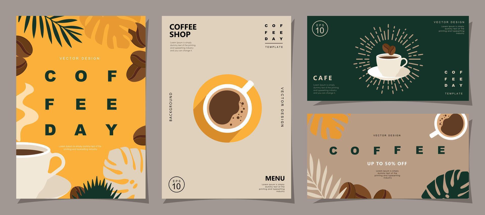 conjunto de bosquejo pancartas con café frijoles y hojas en mínimo antecedentes para invitaciones, tarjetas, bandera, póster, cubrir, café menú o otro modelo diseño. vector ilustración.