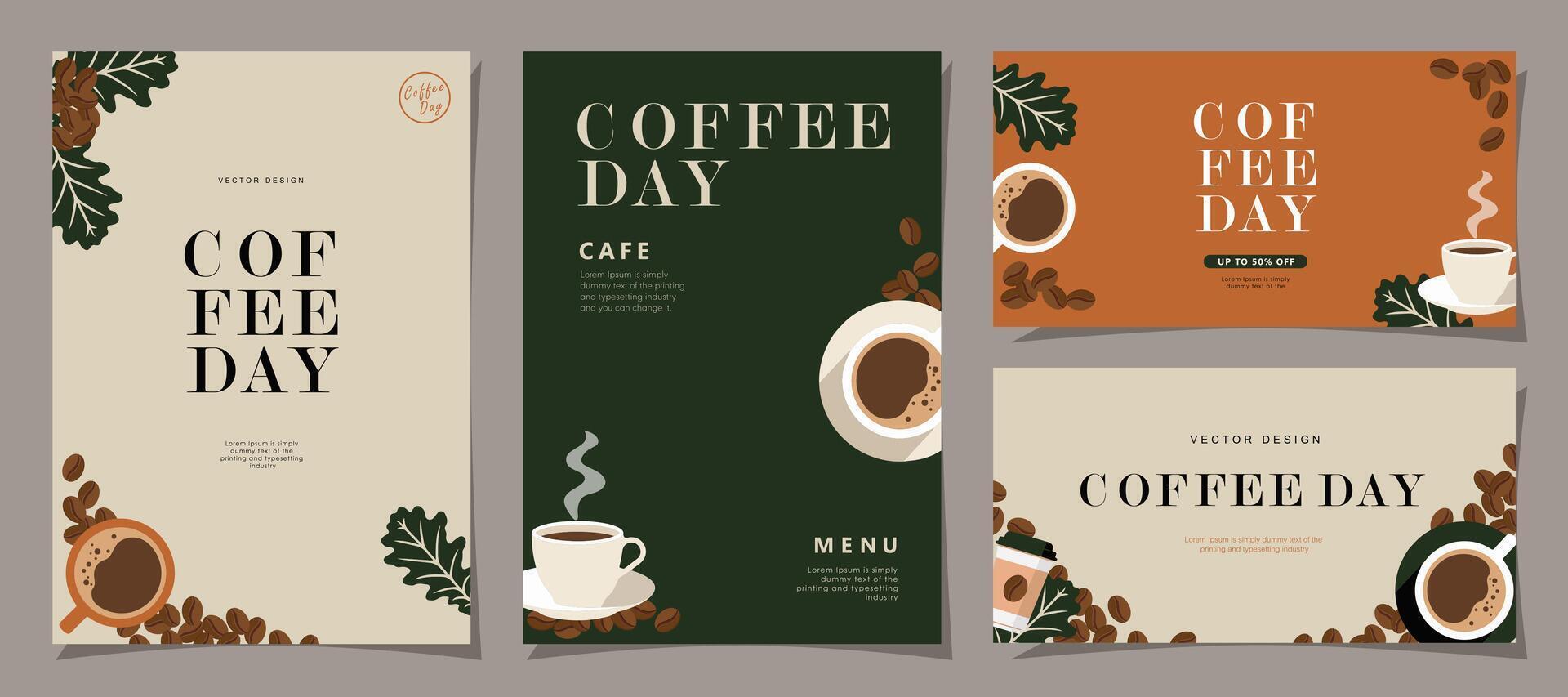 conjunto de bosquejo pancartas con café frijoles y hojas en mínimo antecedentes para invitaciones, tarjetas, bandera, póster, cubrir, café menú o otro modelo diseño. vector ilustración.
