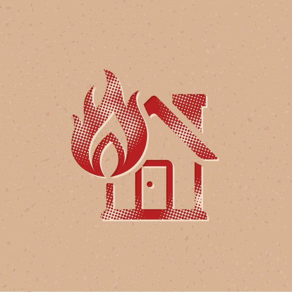 House fire halftone style icon with grunge background vector illustration