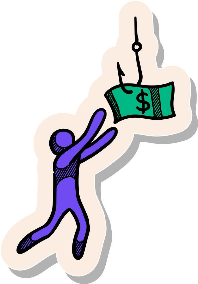Hand drawn sticker style Man chasing dollar bait icon vector illustration