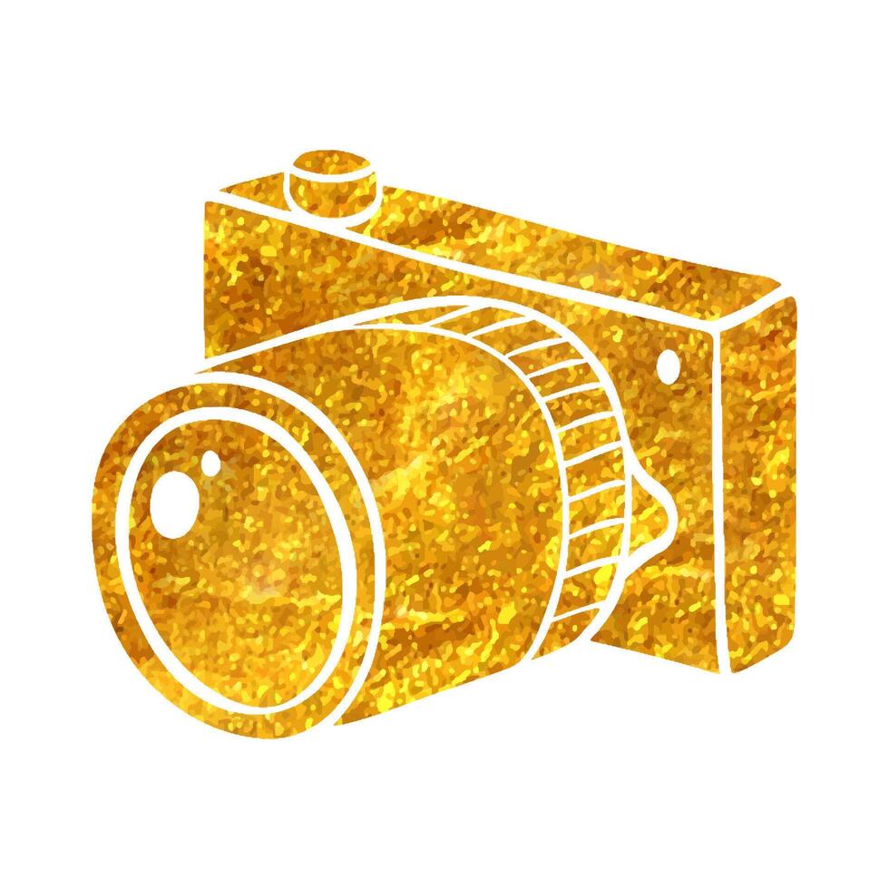 Hand drawn Camera icon in gold foil texture vector illustration