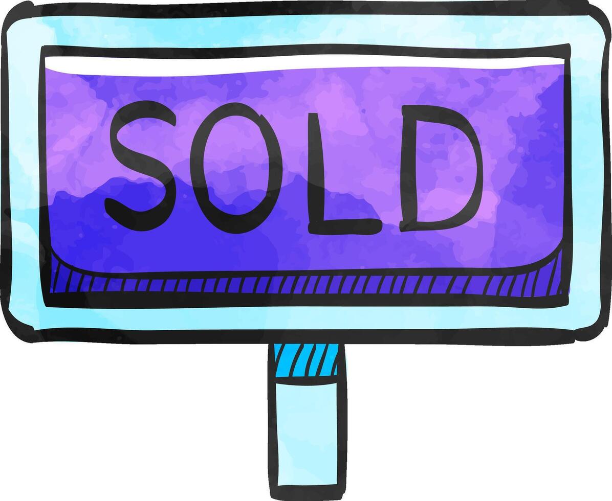 Sold out sign icon in color drawing. Property house home selling building mortgage vector