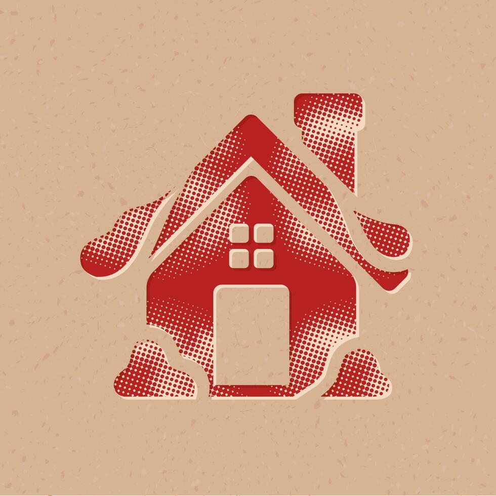 Winter house halftone style icon with grunge background vector illustration
