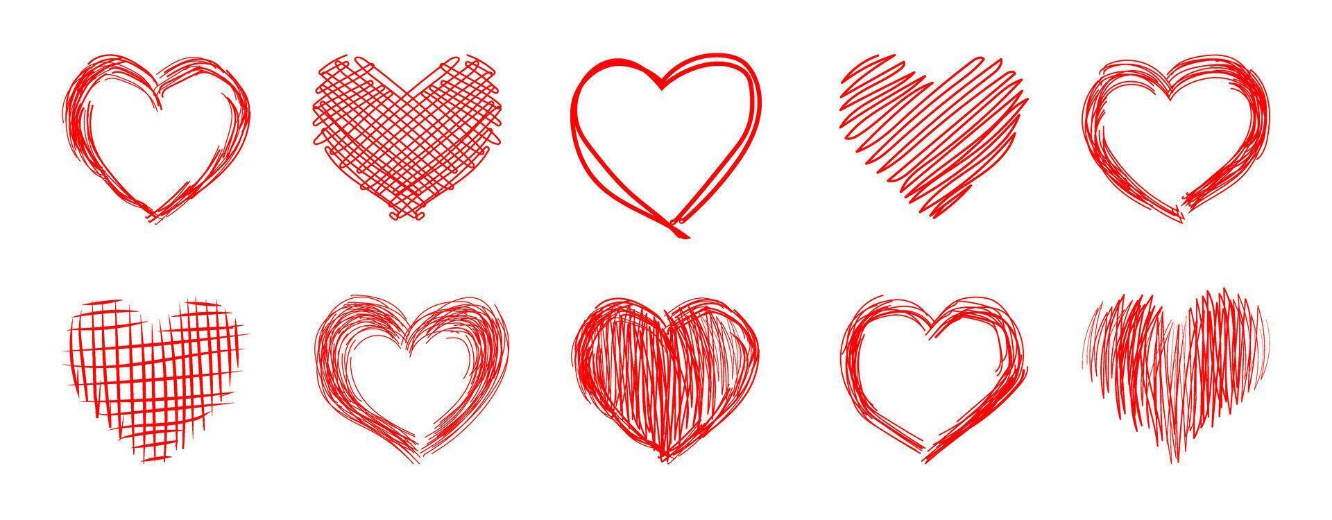 Set of black hand drawn hearts for Valentine's Day. Doodle line style. Collection of isolated vector design elements for icon or button, greeting card, invitation, poster, web banner.