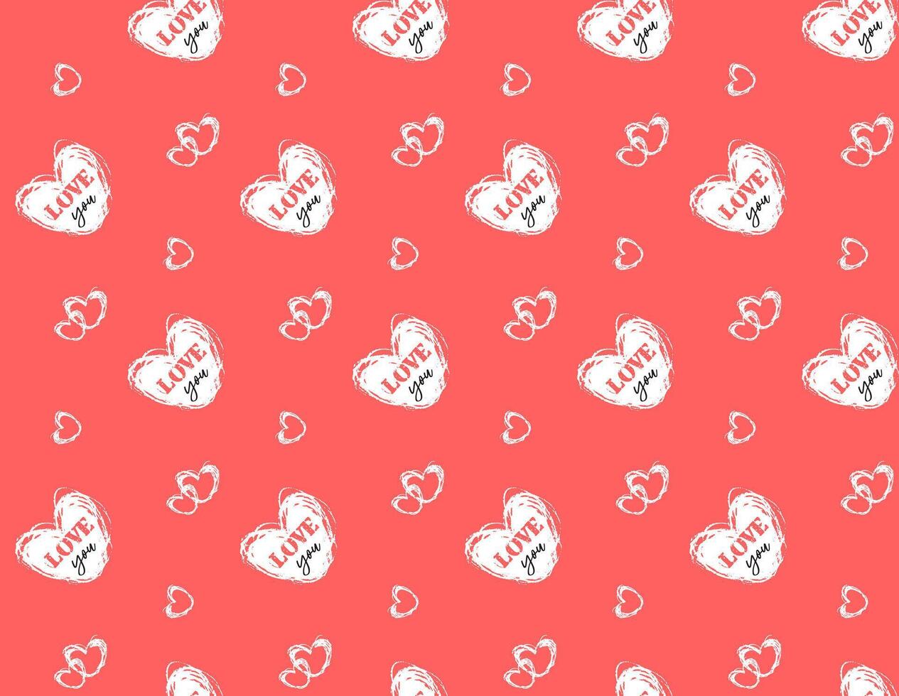 Seamless Valentines Day pattern with hearts and text love you. Red background with hand drawn white symbols. Vector illustration for wrapping paper, decor, cards, backgrounds, textile, print.