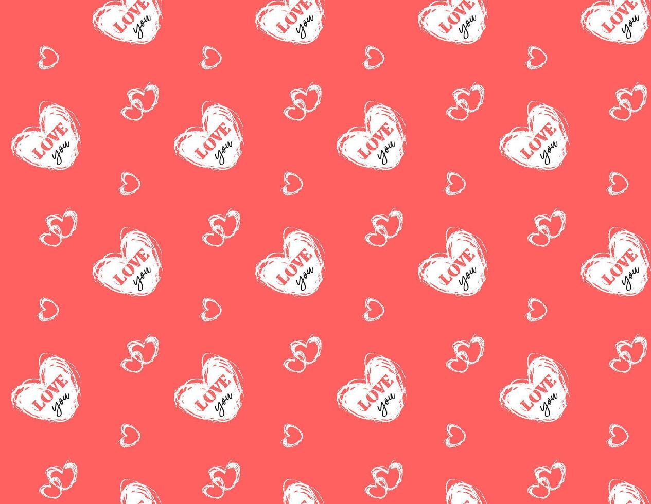 Seamless Valentines Day pattern with hearts and text love you. Red background with hand drawn white symbols. Vector illustration for wrapping paper, decor, cards, backgrounds, textile, print.