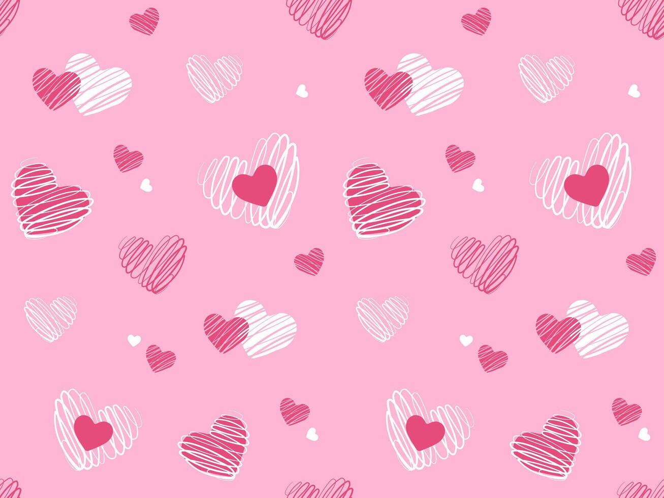 Seamles pattern with cute doodle hearts on pink background. Vector illustration for wrapping paper, decor, cards, backgrounds on Valentines Day. Print design textile for kids fashion