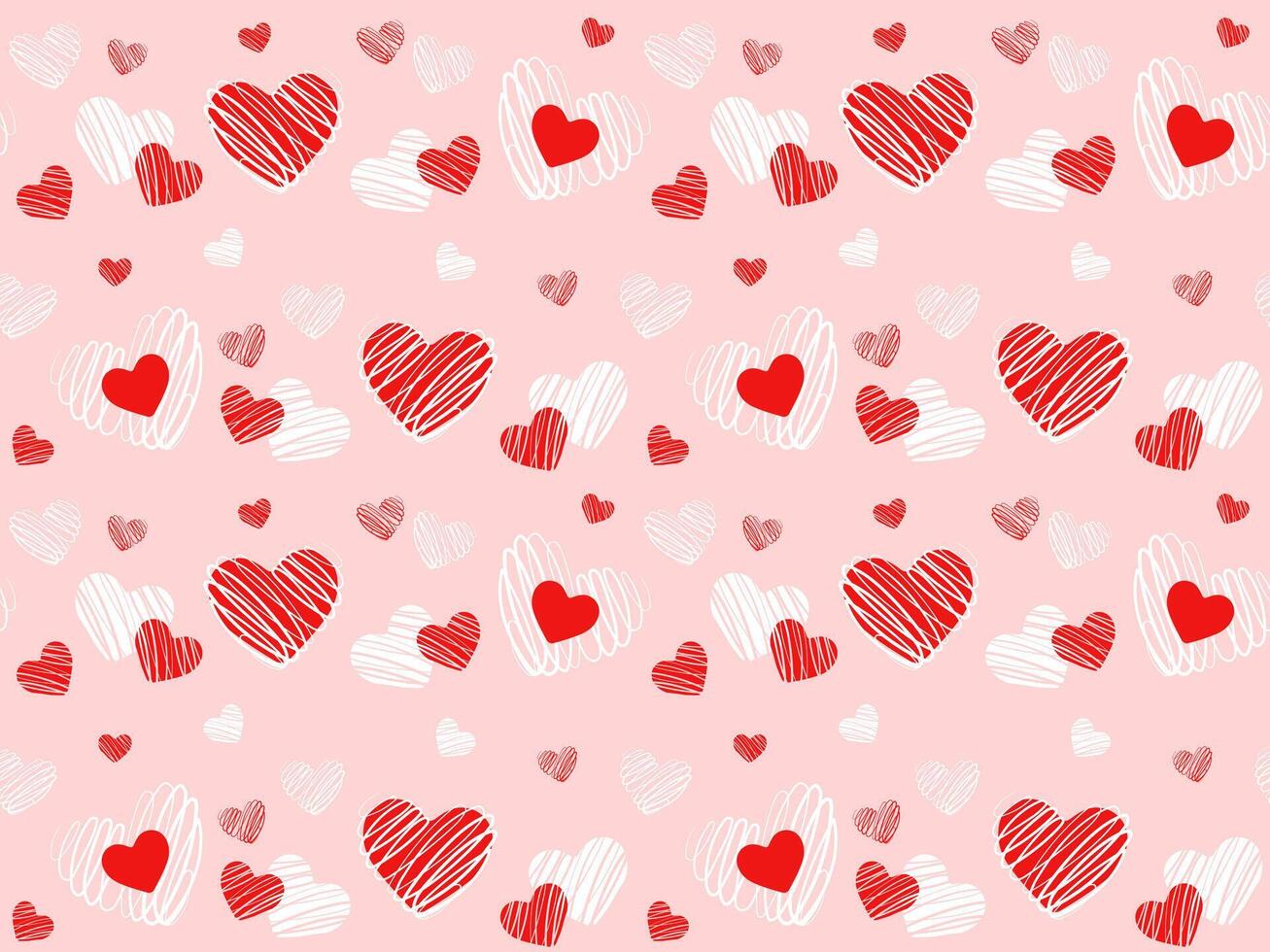 Seamles pattern with cute red and white doodle hearts on pink background. Vector illustration for wrapping paper, decor, cards, backgrounds on Valentines Day. Print design textile for kids fashion.