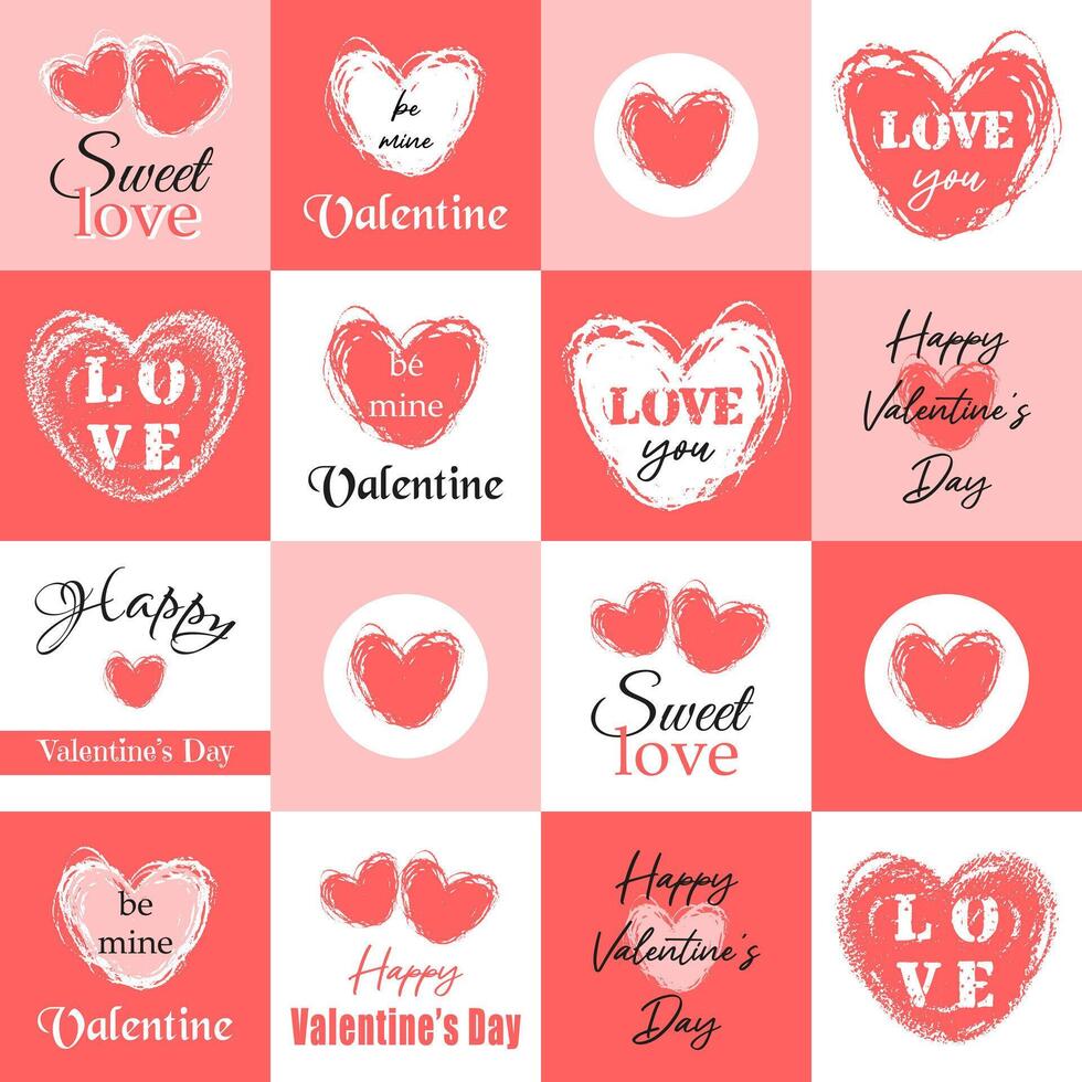 Valentines Day seamless geometric pattern background with hand drawn hearts on square background. Valentine cards collection in red and white colors.. Vector illustration for cover, poster, wrapping