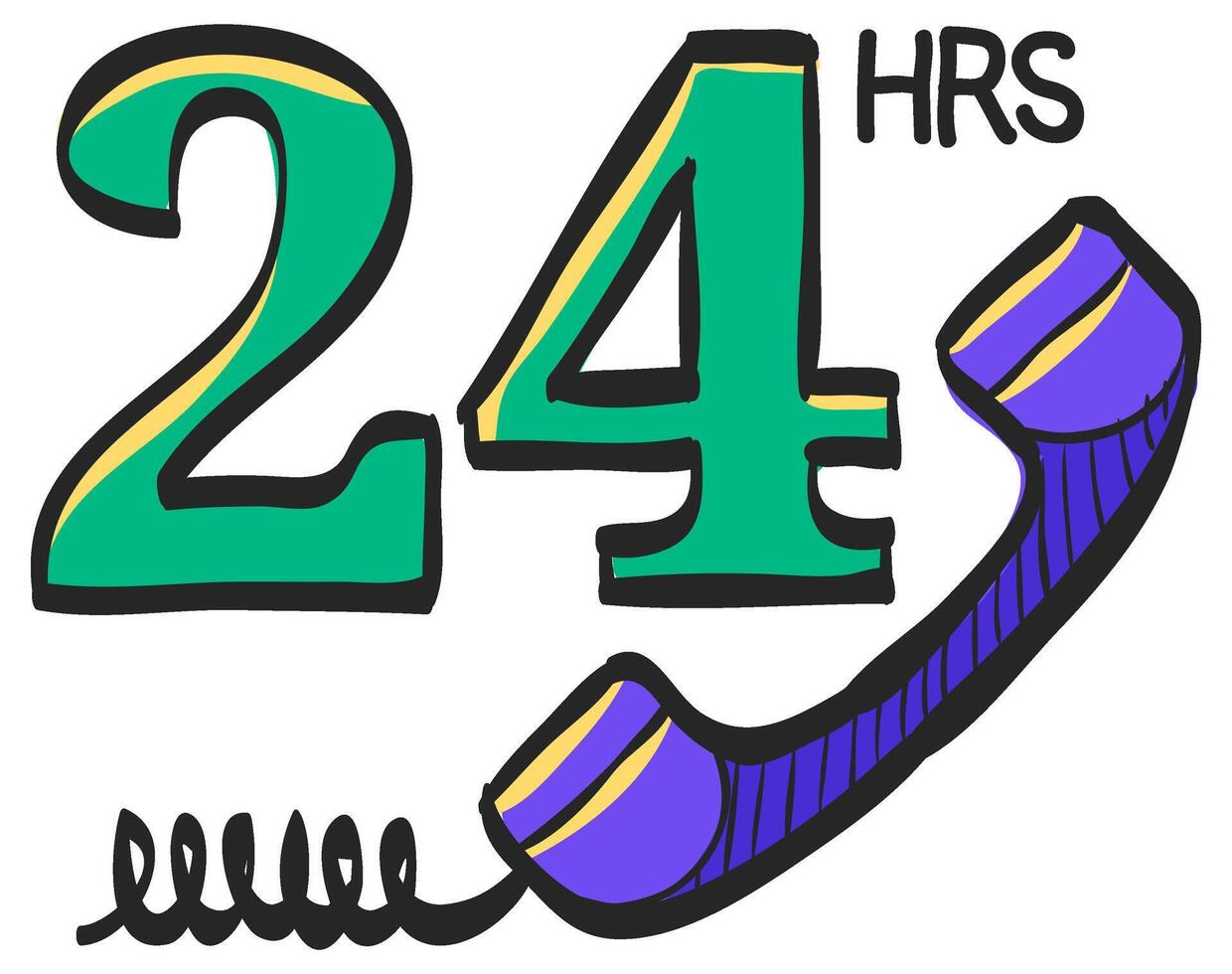 24 hours service icon in hand drawn color vector illustration