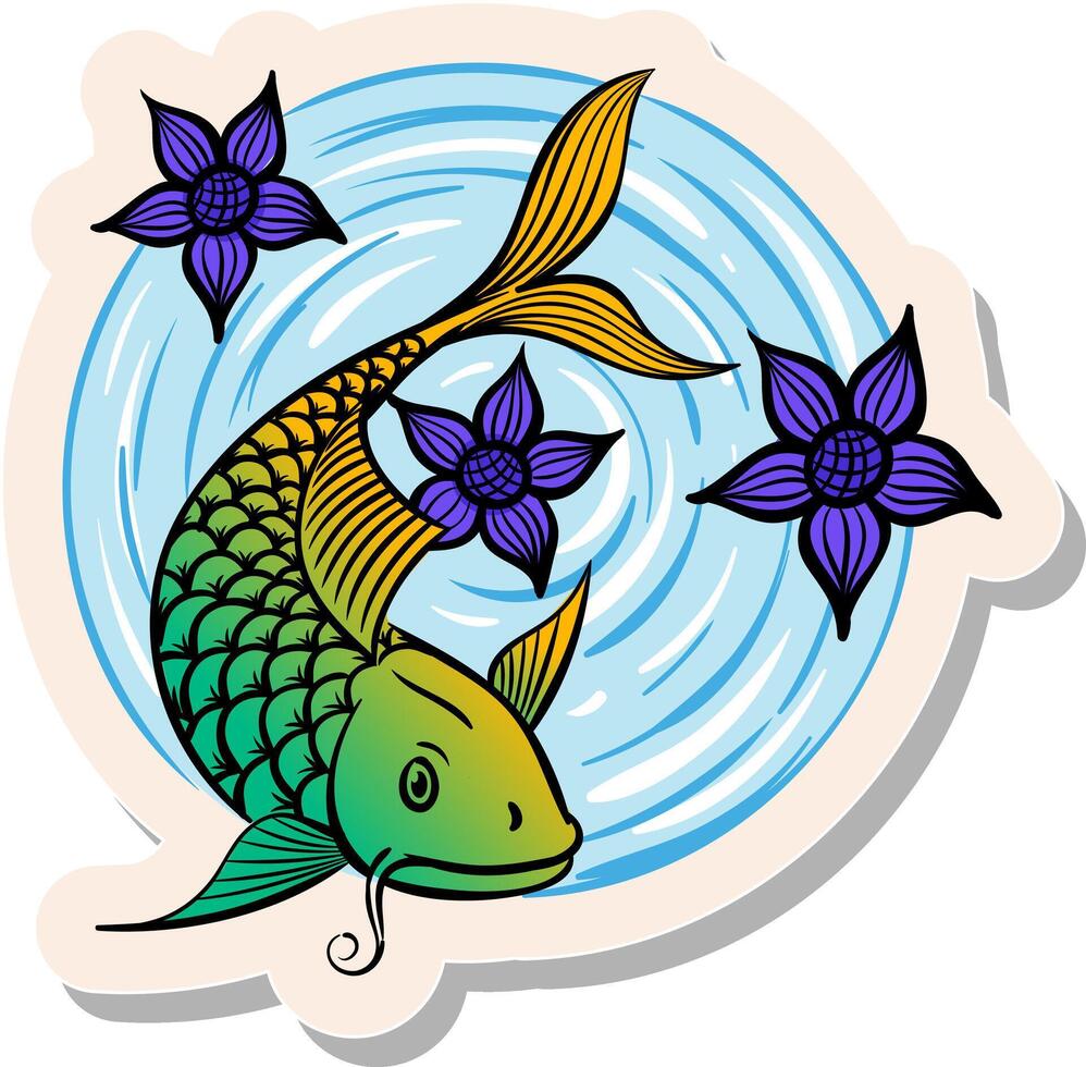 mano dibujado koi pescado con loto flores en pegatina estilo vector ilustración