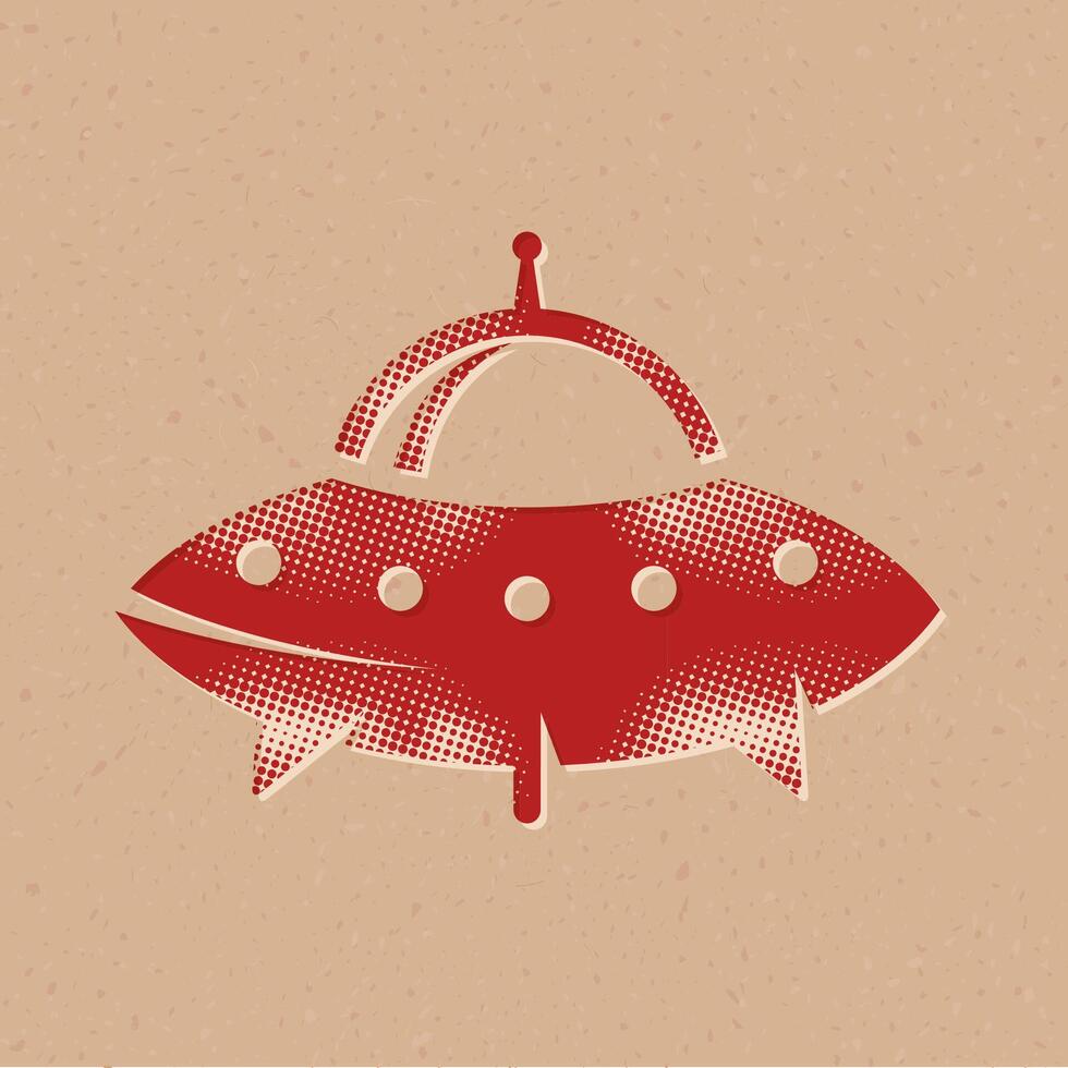 Flying saucer halftone style icon with grunge background vector illustration