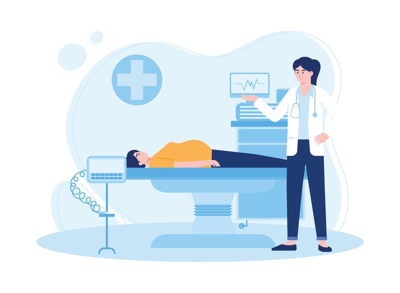 mujer acostado en hospital cama y médico examinando paciente consulta concepto plano ilustración vector