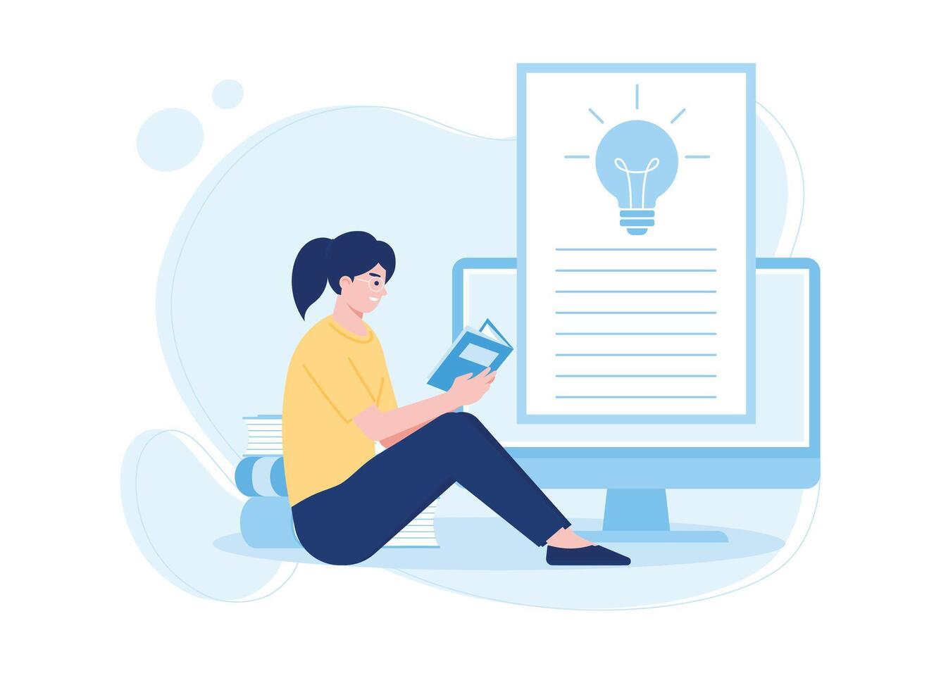 woman preparing for online exam by reading book concept flat illustration vector