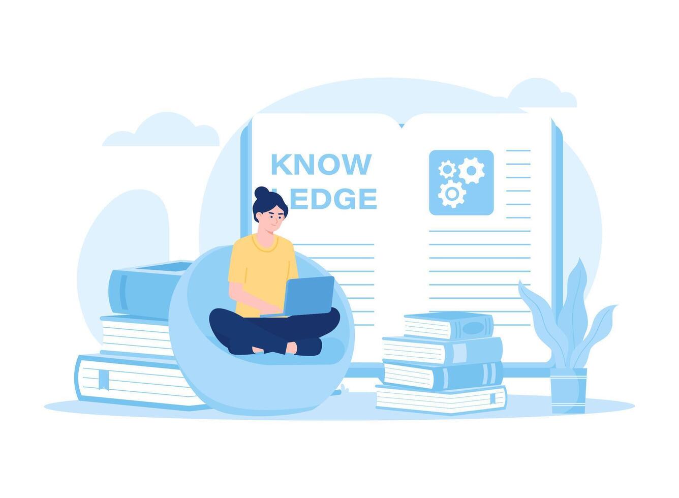 A woman reading with a stack of books concept flat illustration vector