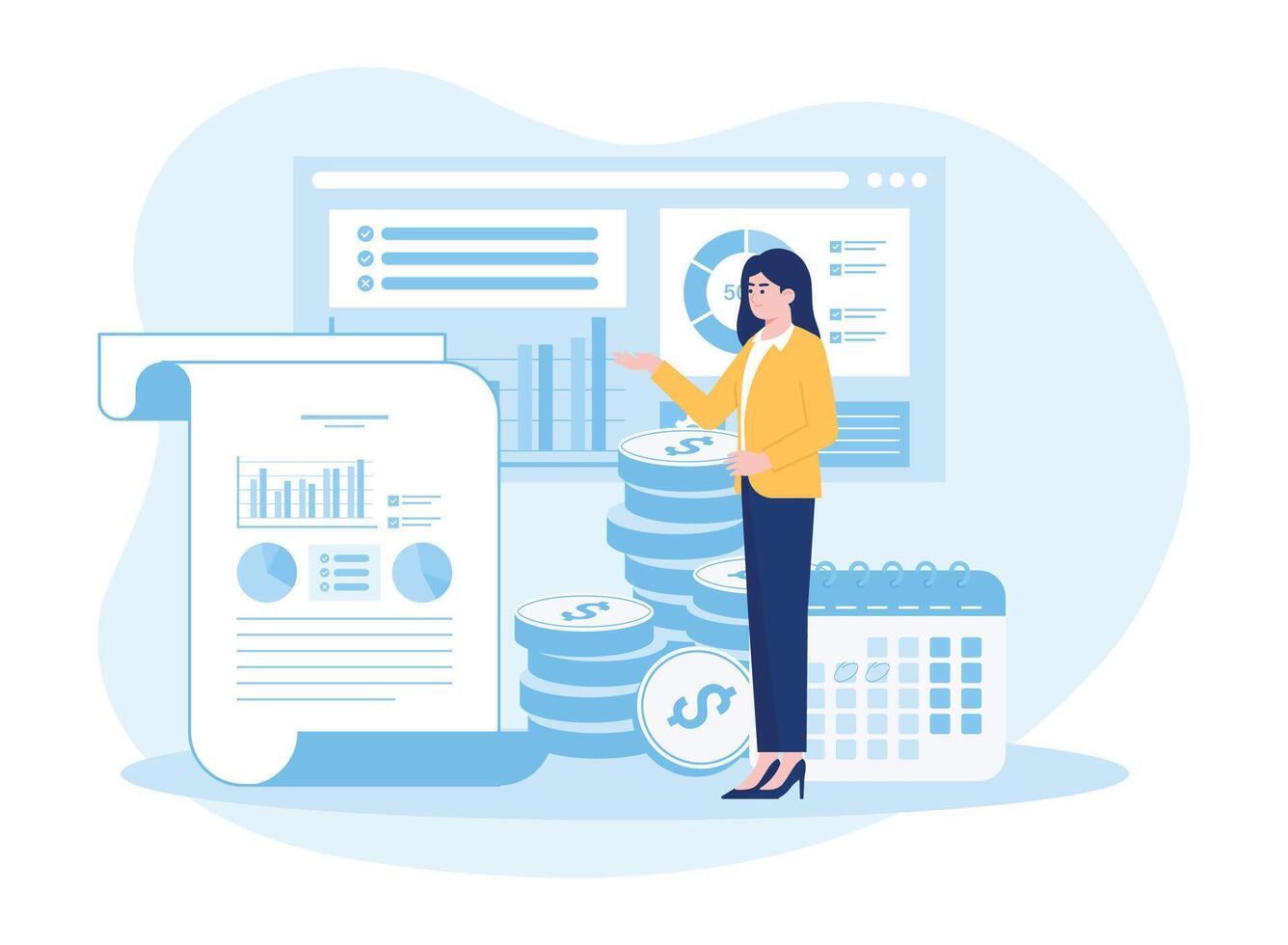 prepare monthly reports. calendars  charts  statistics and digital technology concept flat illustration vector