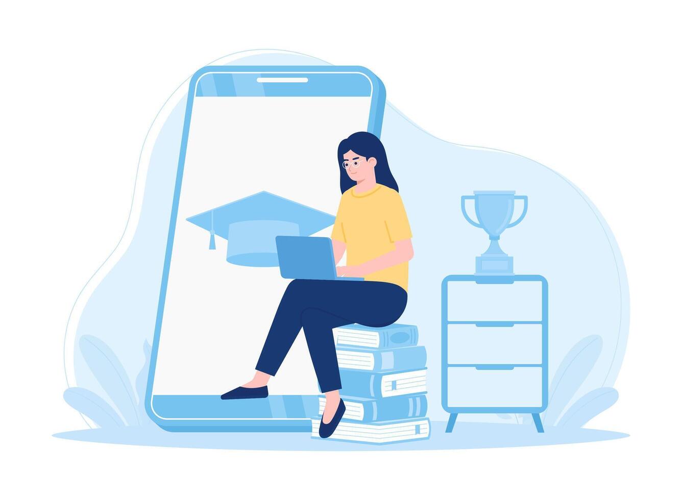 Woman studying using laptop with books concept flat illustration vector