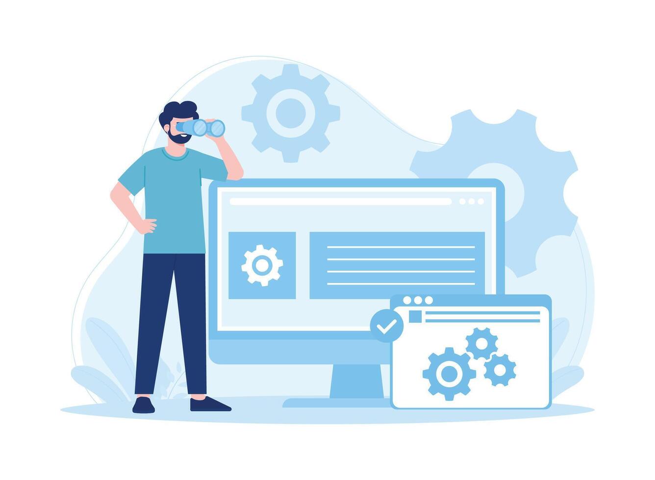 man looking at the operating system on a website. web maintenance concept flat illustration vector