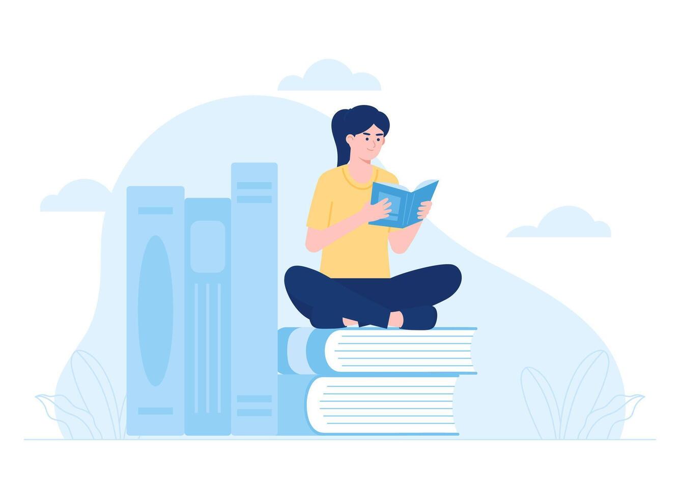 un mujer leyendo con un apilar de libros concepto plano ilustración vector