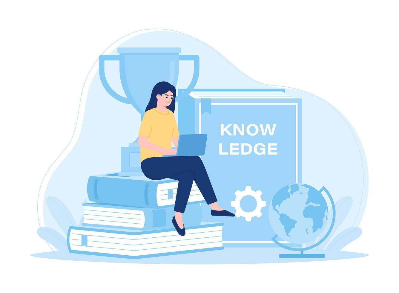 A woman reading with a stack of books concept flat illustration vector
