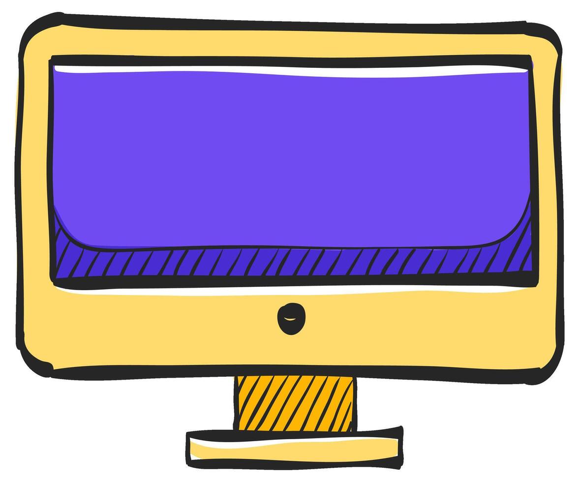 Desktop computer icon in hand drawn color vector illustration