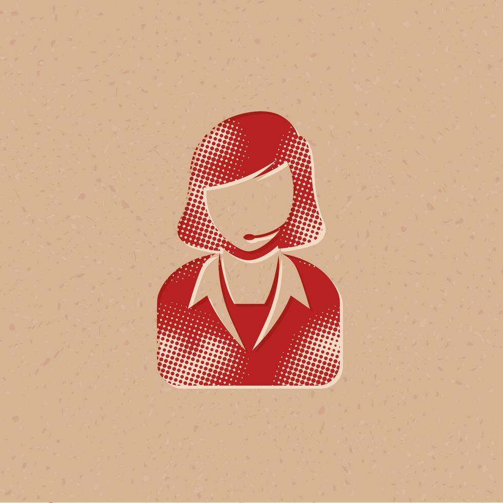 Female receptionist halftone style icon with grunge background vector illustration