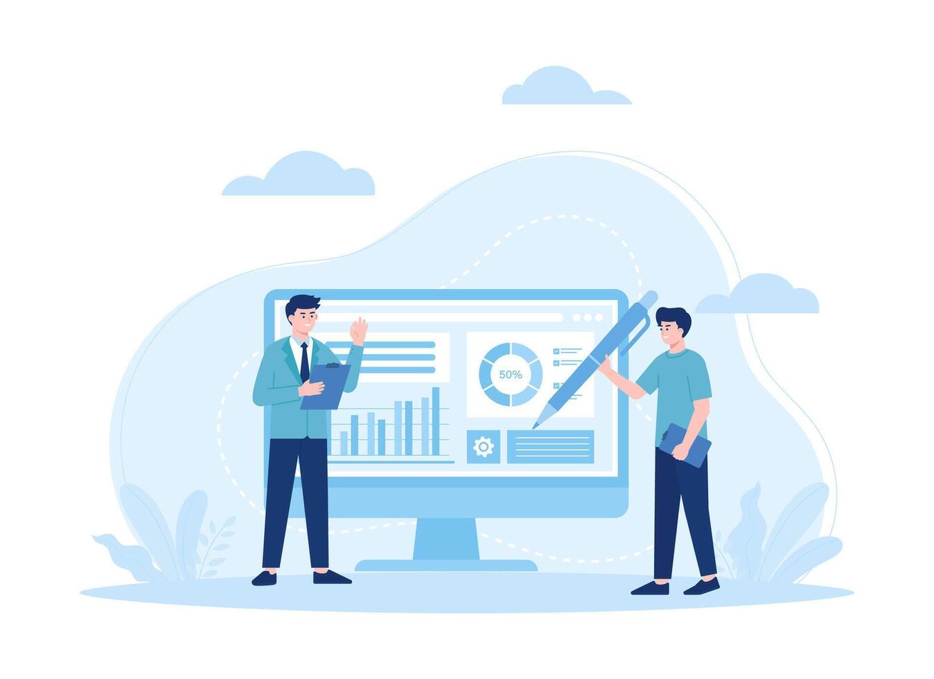 two men analyze growth data graphs concept flat illustration vector