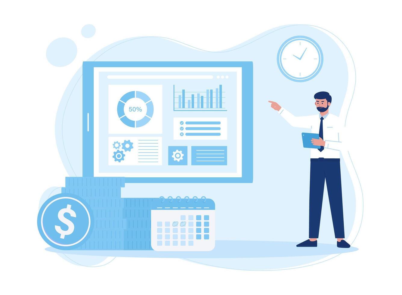 man with tablet analyzing infographics. diagram  bar chart  report concept flat illustration vector