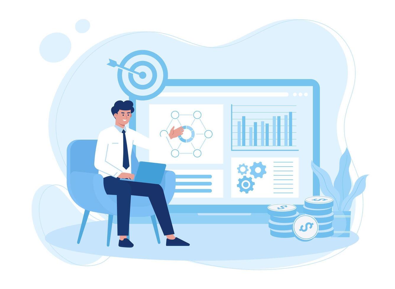 target working on growth data analysis using a laptop concept flat illustration vector