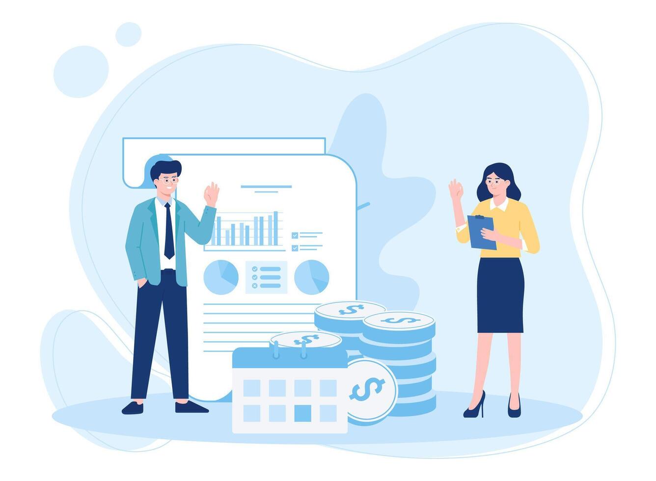 two workers are analyzing growth data concept flat illustration vector