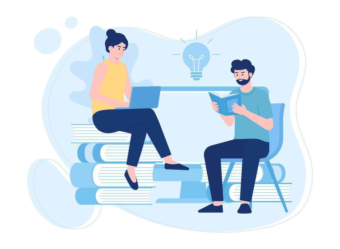 two people reading books and using laptops concept flat illustration vector