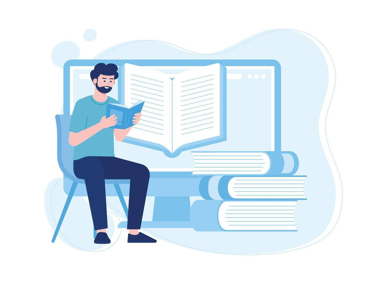 man reading book onlie concept online library concept flat illustration vector