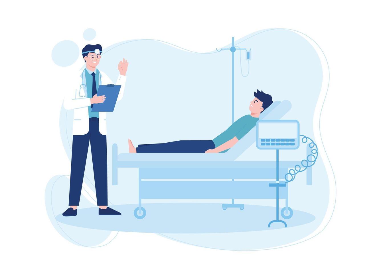 médico visitas paciente en hospital habitación. hombre acostado en cama concepto plano ilustración vector